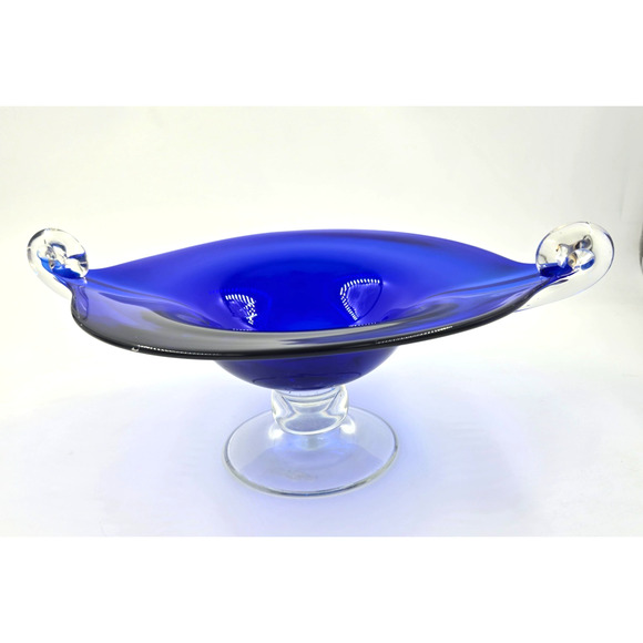 Hand Blown Cobalt Blue Glass Pedestal Bowl Footed Twist Handles Centerpiece 14” - Picture 1 of 6